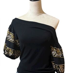 Free People Rock With It Off-Shoulder Top with Embroidered Sleeves